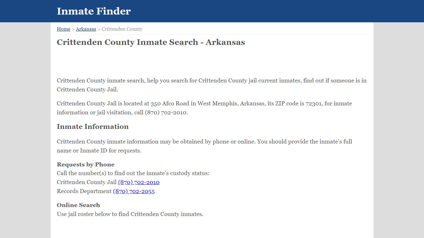 Crittenden County Arkansas Jail Inmate Finder